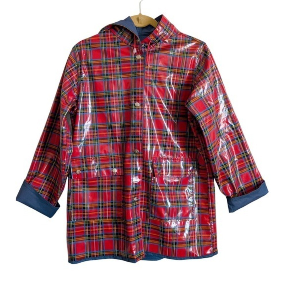 Vintage 80s Fisherman Dark Academia Red Plaid Reversible Wax Canvas Rain Coat
